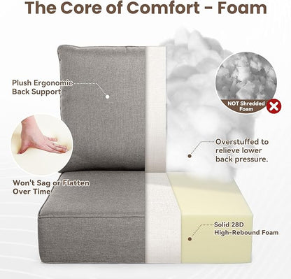 Outdoor Chair Cushions, 6 Inch Thick Patio Seat & Back Cushions Set with Removable Cover, Waterproof Patio Cushions for Outdoor Furniture, 24 x 24 Inch, Gray 3-Set