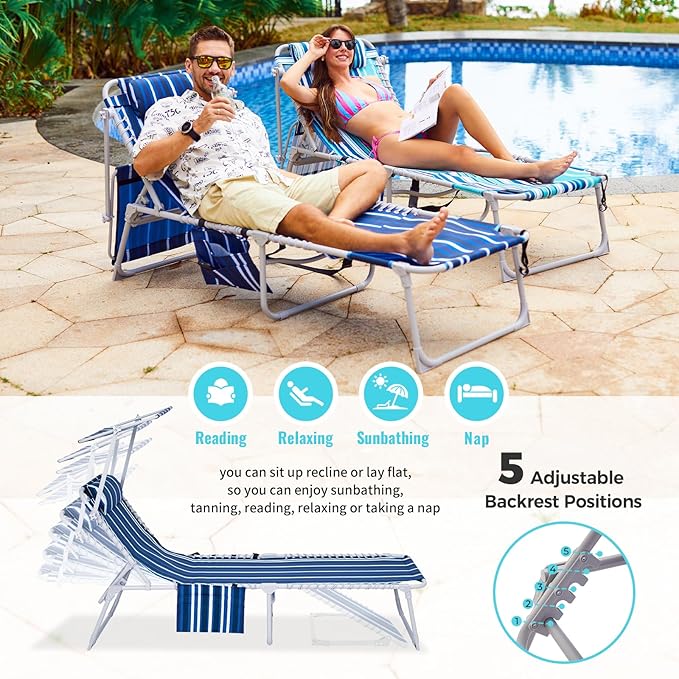 #WEJOY 3 in 1 Tanning Chair with Face Hole & Canopy, 300 lbs Heavy Duty 5 Positions Folding Face Down Lounge Chairs Outdoor with Pillow & Storage Bag Portable for Pool Beach Lawn Camping (Bluestrips)
