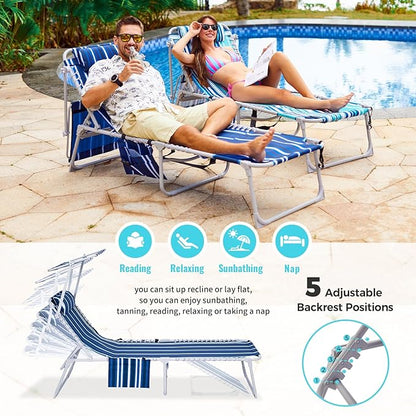 #WEJOY 3 in 1 Tanning Chair with Face Hole & Canopy, 300 lbs Heavy Duty 5 Positions Folding Face Down Lounge Chairs Outdoor with Pillow & Storage Bag Portable for Pool Beach Lawn Camping (Bluestrips)