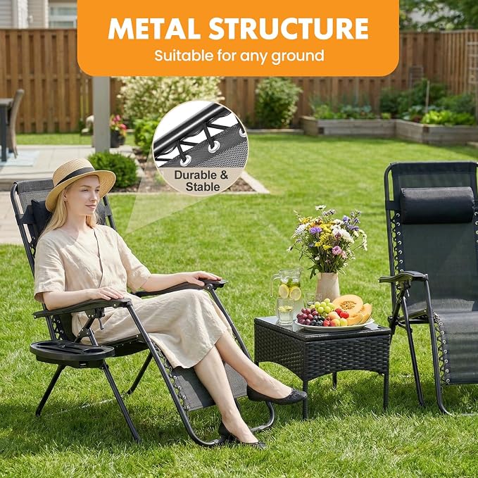 NEWBULIG Zero Gravity Chairs Set of 2, Lounge Chair Folding Portable Adjustable Camping Reclining Chairs with Adjustable Pollow, Mesh Back, Cup Holder Trays Lawn Patio Chair for Pool Beach