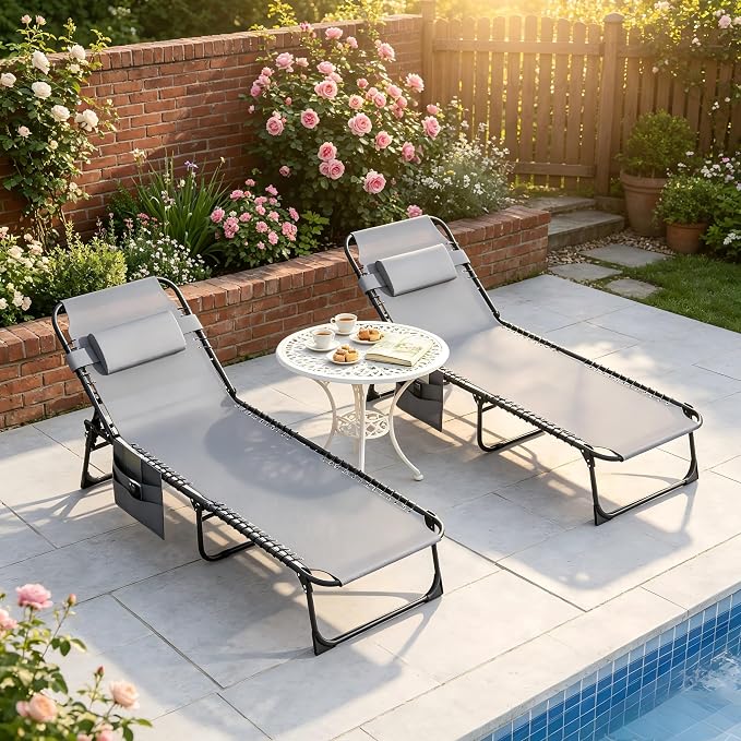 Outdoor Lounge Chair, Foldable Reclining Chaise Lounge with Detachable Pillow & Side Pocket, 4-Position Recliner Tanning Chair for Beach, Pool, Lawn, Backyard, Grey, 2 Packs