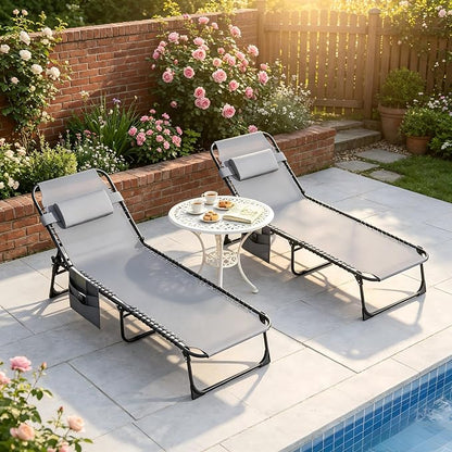 Outdoor Lounge Chair, Foldable Reclining Chaise Lounge with Detachable Pillow & Side Pocket, 4-Position Recliner Tanning Chair for Beach, Pool, Lawn, Backyard, Grey, 2 Packs