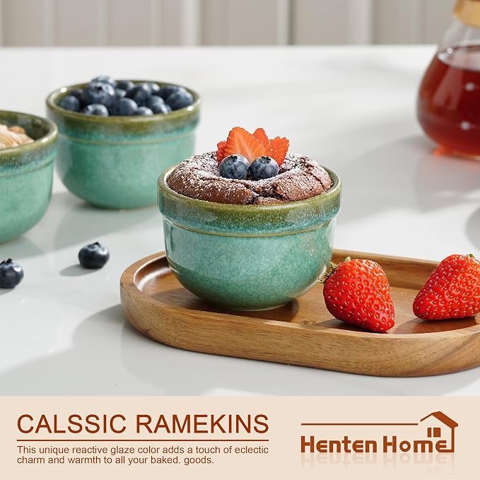Henten Home 6 oz Ramekins Set Oven Safe, Ceramic Creme Brulee Ramekins Set of 4, Baking Cups for Pudding, Souffle, Ice Cream, Snack, Dipping (Green)