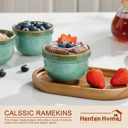 Henten Home 6 oz Ramekins Set Oven Safe, Ceramic Creme Brulee Ramekins Set of 4, Baking Cups for Pudding, Souffle, Ice Cream, Snack, Dipping (Green)