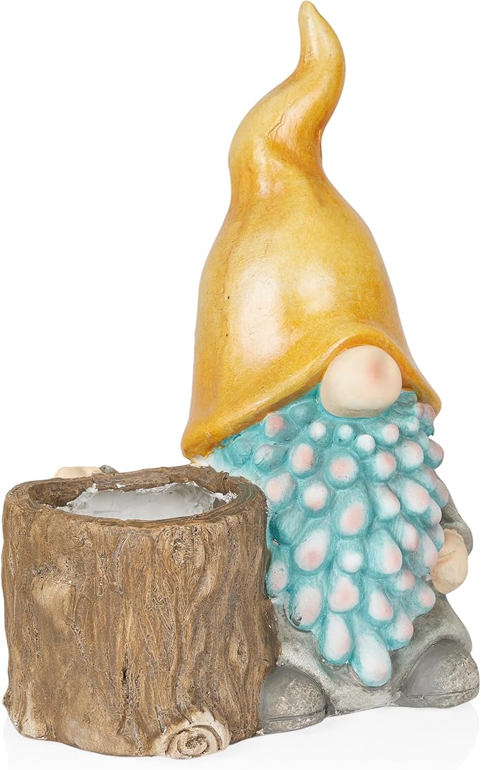 Alpine Corporation 16" Tall Outdoor Yellow Hat Gnome Statue with Drainage Hole Planter, Weatherproof Garden Decor