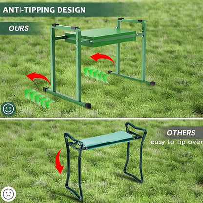 Garden Kneelers Seat, Stable and Save Anti-Tipping Design 10.2" Wider Garden Kneeler and Seat with Handle, Heavy Duty Gardening Stool for Seniors, Gardening Weeding Bench for Gardeners Parents - Green