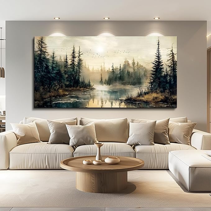 FUHAIHUA Large Wall Decor For Living Room Canvas Wall Art For Office Farmhouse Wall Decorations For Bedroom Forest River Landscape Paintings Modern Pictures Artwork Room Home Decor 24x48 In