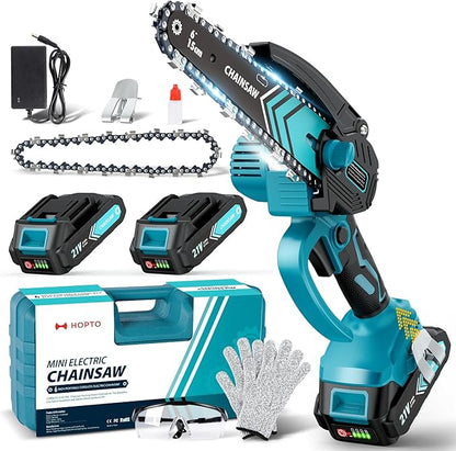 Mini Chainsaw- 6 Inch Electric Mini Chain Saw Cordless Battery Powered One-Hand Tree Trimming Saw with 2 Batteries, Portable Gardening Gadgets for Men, Unique Birthday Gifts for Dad Grandpa (Blue)