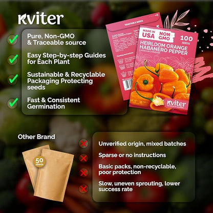 KVITER 100 Orange Habanero Hot Pepper Seeds (Capsicum Chinense) - Habanero Extra Hot Pepper, Heat Tolerant, Heirloom, Non GMO Seed - Vegetable Seeds in Seed Packets for Garden, Container, Greenhouse