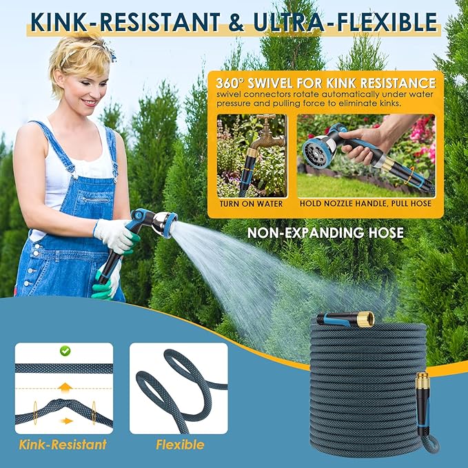Non-Expandable Garden Hose 75 FT, Lightweight Hose with 10 Function Spray Nozzle, Kink-Free Flexible Water Hose, Durable, Leak-Proof, 360° Swivel Connectors, Portable Storage Strap