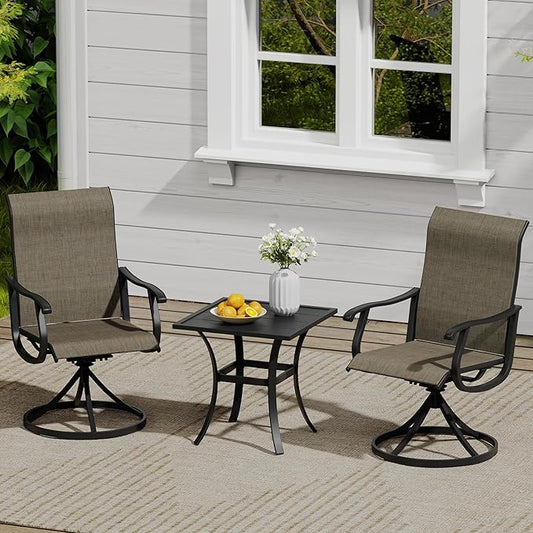 VICLLAX 3 Pieces Small Outdoor Furniture, 2 Patio Swivel Chairs and Small Square Outdoor Table for 2, Mixed Brown Chairs & Black
