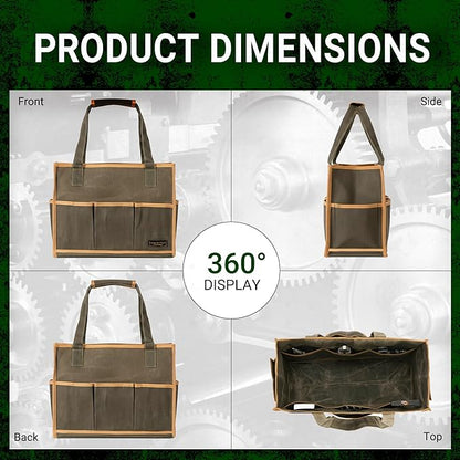 Heavy Duty 16OZ Waxed Canvas Tool Bag,15-Pockets Portable Tote Bag,Muti-Purpose Garden Tool Storage Bag with Padded Handle | ArmyGreen