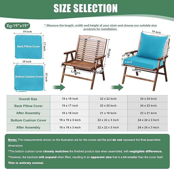 Waterproof Outdoor Cushions for Patio Furniture, Fade Resistant Backrest and Deep Seat Cushion Set with Removable Cover, 24 x 24 Inch, Teal, Set of 2