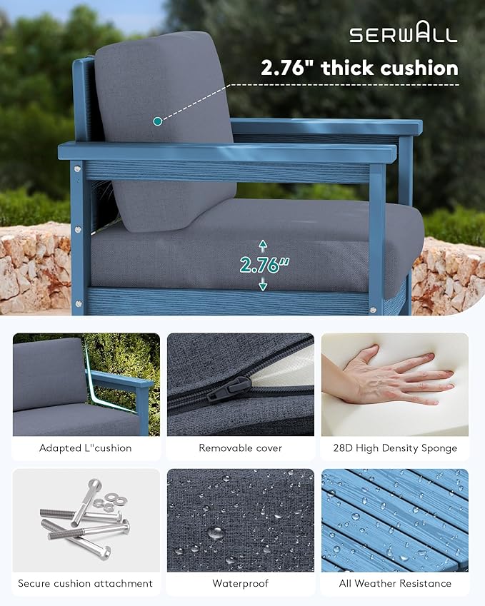 SERWALL 2 Pieces Single Cushioned Lounge Chair, Blue HDPE Outdoor Adirondack Sofa Armchair with Grey Cushion