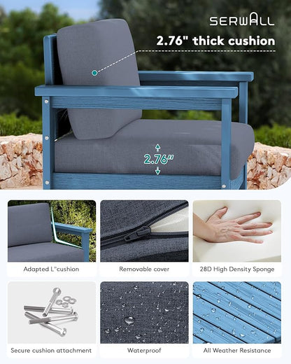 SERWALL 2 Pieces Single Cushioned Lounge Chair, Blue HDPE Outdoor Adirondack Sofa Armchair with Grey Cushion