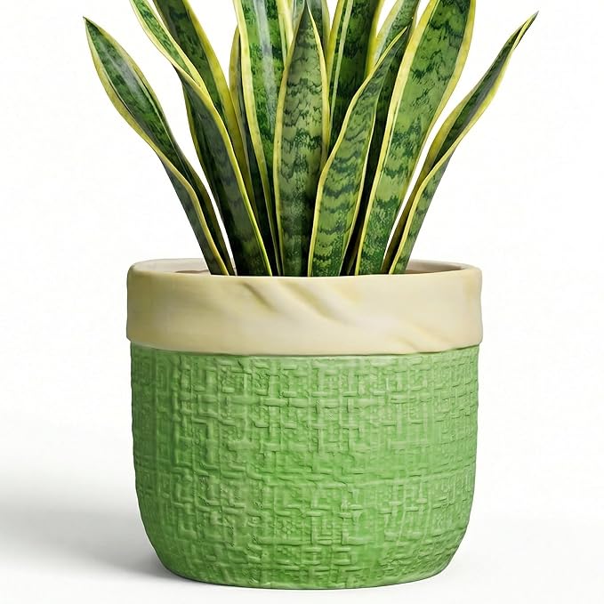 8 Inch Plant Pot - Ceramic Pots for Plants with Drainage Hole, Ceramic Flower Pots for Indoor Plants Outdoor, Decorative Boho Planter, House Garden Decor, Gardening Gifts for Women, Green