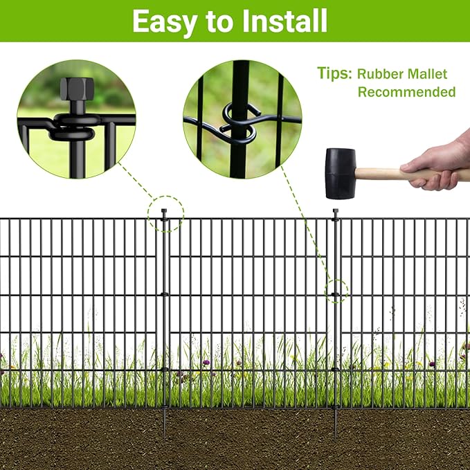 5 Panels No Dig Decorative Outdoor Garden Fence for Yard, 24 in(H) X 10 ft(L) Animal Barrier Fencing Rustproof Metal Wire Panel Border for Dog, Rabbits, and Patio Temporary Ground Stakes