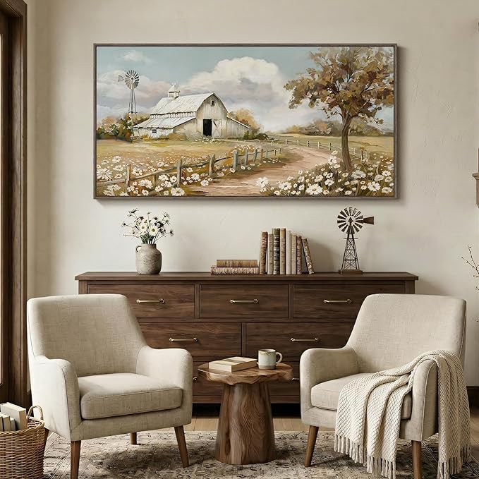 Large Framed Farmhouse Wall Art for Living Room, Vintage Rustic White Barn Canvas Prints, Country Floral Landscape Wall Decor for Bedroom Dining Room Hallway 30x60 Inch