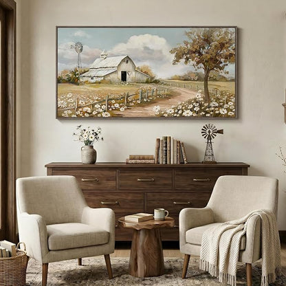 Large Framed Farmhouse Wall Art for Living Room, Vintage Rustic White Barn Canvas Prints, Country Floral Landscape Wall Decor for Bedroom Dining Room Hallway 30x60 Inch