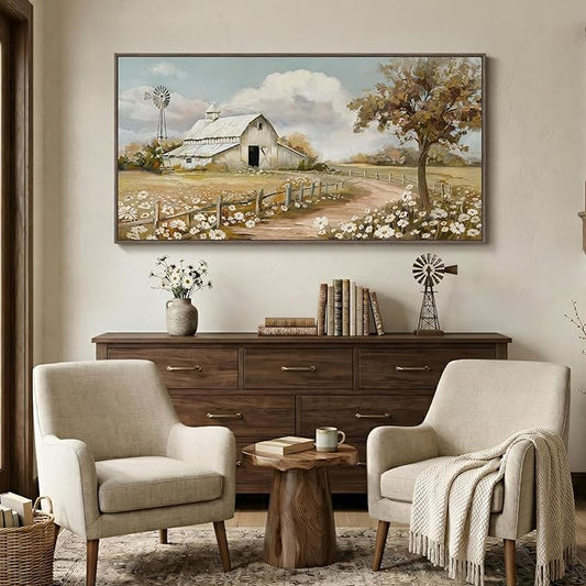Large Framed Farmhouse Wall Art for Living Room, Vintage Rustic White Barn Canvas Prints, Country Floral Landscape Wall Decor for Bedroom Dining Room Hallway 30x60 Inch