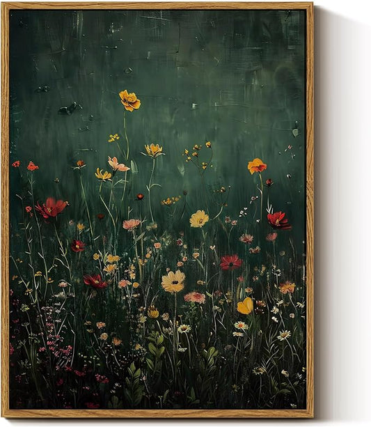 InSimSea Framed Canvas Prints Art Vintage Decor, Wildflower Field Antique Painting, Rustic Floral Botanical Wall Art for Living Room Bedroom Home Bathroom Wall Decor, 12x16inch