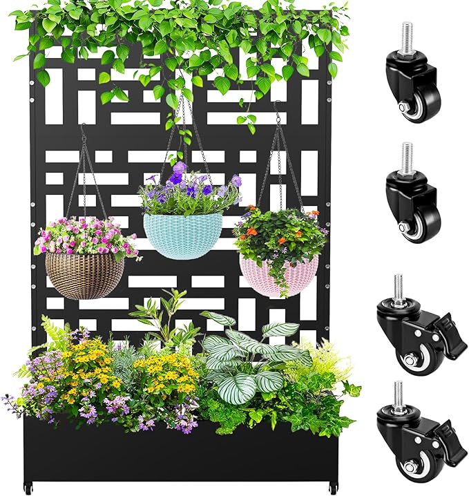 Nexum Metal Planter Box with Trellis & Wheels, 71"x47"x16" Planter Boxes Outdoor with Drainage Holes, Privacy Planters for Patio, Balcony, Backyard, Poolside