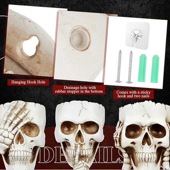 3 Pcs Skull Planter Skeleton Wall Hanging Planter Pot Gothic Spooky Head Face Flower Pot Garden Decor for Festival Party Indoor Outdoor Plants Home Garden Office Decorations(White)