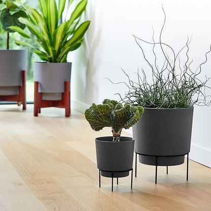 Bloem Hopson Decorative Resin Cachepot with Metal Stand, 14" Indoor and Outdoor Planter with Black Metal Stand, Charcoal