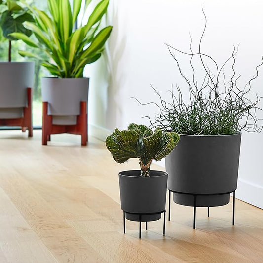 Bloem Hopson Decorative Resin Cachepot with Metal Stand, 14" Indoor and Outdoor Planter with Black Metal Stand, Charcoal