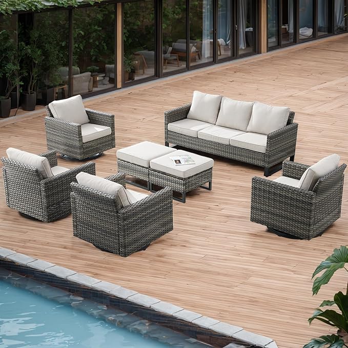 Rilyson Wicker Outdoor Patio Furniture Set - 7 Piece Patio Conversation Set with 4 Swivel Rocker Chairs,2 Rattan Ottoman and 1 Couch for Outside Porch Deck Backyard(Mixed Grey/Beige)