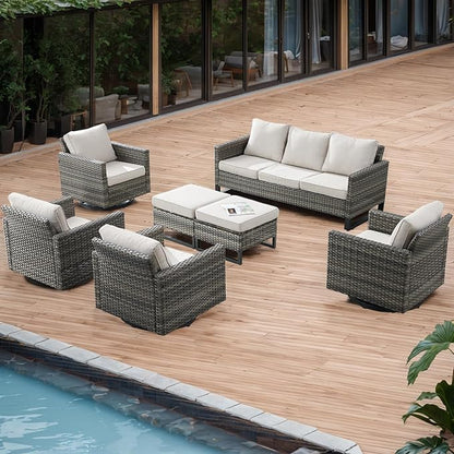 Rilyson Wicker Outdoor Patio Furniture Set - 7 Piece Patio Conversation Set with 4 Swivel Rocker Chairs,2 Rattan Ottoman and 1 Couch for Outside Porch Deck Backyard(Mixed Grey/Beige)