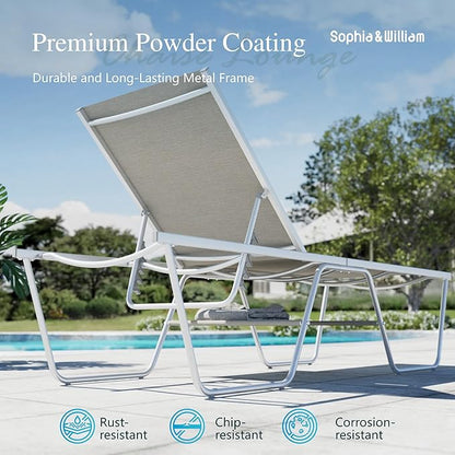 Sophia & William Outdoor Chaise Lounge Chair, 78" Long Reclining Lounge Chairs with 5 Adjustable Backrest, Oversized Patio Chaise Lounge Chair for Outside Poolside Beach Yard, Grey
