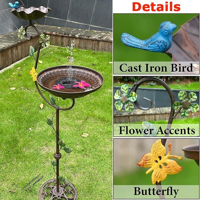 Bird Baths for Outdoors with Solar Fountain, 44" Tall Cast Iron Pedestal Bird Bath and Feeder, Vintage Sturdy Heavy Duty Birdbath Bowl, Decorative Birdbaths for Outside Garden Yard Porch