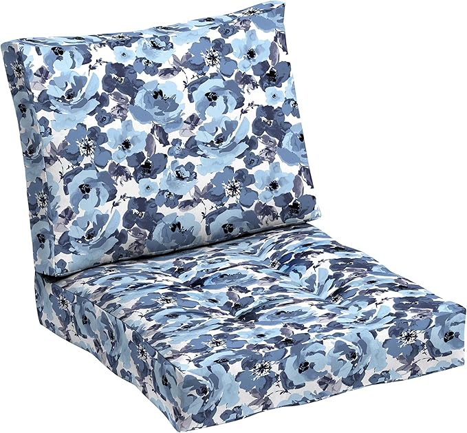 ARDEN Outdoor Plush Modern Tufted Blowfill Deep Seat Set, 24 in x 24 in, Weather-Proof, Rain-Proof, Fade Resistant Patio Cushion, Ultra Cozy 24 x 24, Blue Garden Floral