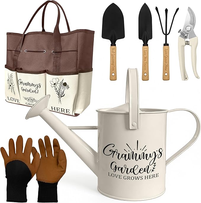 Grammy Gifts, Garden Kit Gifts for Grammy Mothers Day from Grandkids Gardening Tools and Durable Garden Tools Organizer Tote, Ideal Gardening Set for Women on Plant Lover Birthday Present Brown