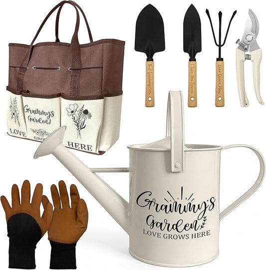Grammy Gifts, Garden Kit Gifts for Grammy Mothers Day from Grandkids Gardening Tools and Durable Garden Tools Organizer Tote, Ideal Gardening Set for Women on Plant Lover Birthday Present Brown