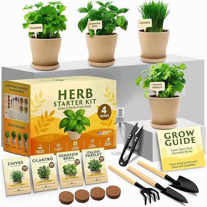 HOME GROWN Herb Garden Planter Indoor Kit – Unique Christmas Gift for Adults, Men, & Women - Grow 4 Heirloom Herb Seeds on Kitchen Window – Beginner DIY Craft & Hobby Gardening Gift for Plant Lovers