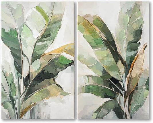 Botanical Wall Art Set Hand Painted, for Living Room plant wall art,Green Tropical Plant Leaf Wall Decor, Modern Banana Leaf Wall Painting, for Bedroom, Dining Room, Office - 12x20 Inch 2pack
