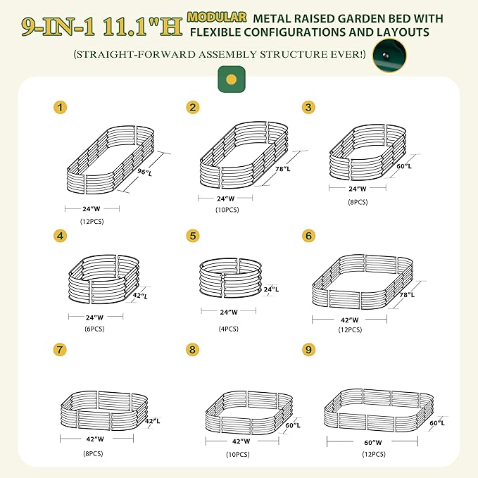 MUPATER 8x2FT Outdoor Raised Garden Bed, 9-in-1 Galvanized Metal Planter Box for Vegetables, 11.1'' H Modular Garden Bed Kit Oval for Herbs and Flowers, Green