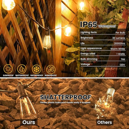 100FT Outdoor String Lights, LED Patio Lights with 50+3 ST38 Vintage Edison Shatterproof Bulbs, IP65 Weatherproof Outside Hanging Lights for Backyard Bistro Cafe Garden(50FTx2)
