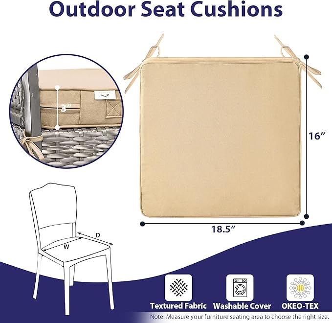 Outdoor Chair Cushions Set of 4 -Waterproof Outdoor Seat Cushions for Patio Furniture, Patio Chair Cushion with Handle and Ties, Square Out Door Chair Pads,18.5" x 16" x 3", Beige