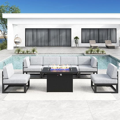 LayinSun Large Aluminum Patio Furniture Set with Fire Pit Table, 7 Pieces Modern Outdoor Conversation Set Sectional Metal Sofa Set with Olefin Cushion