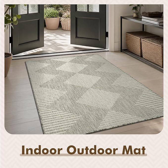 MontVoo-3x5 Outdoor Rug Porch Entryway Rug-Polypropylene Indoor Outdoor Rugs for Entryway Kitchen Balcony Patio, Textured Weave, Durable, Fade-Resistant, Non-Shedding, Boho Geometric Neutral Grey