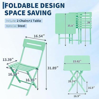 GarveeTech 3-Piece Folding Bistro Set, Heavy Duty Outdoor Patio Furniture with 2 Chairs & 1 Table, Weather-Resistant Steel Frame, No Assembly Required for Garden, Yard, Balcony,Green