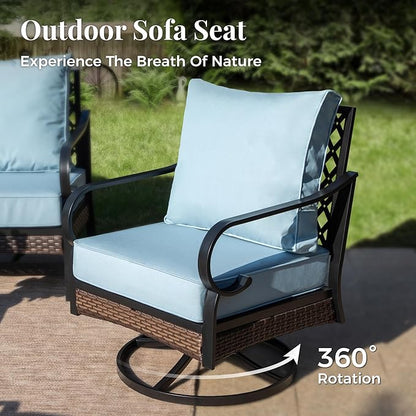 Patio Furniture Set with Firepit Table, Black Frame Outdoor Conversation Set with 2 x Swivel Chairs, 1 x 3-Seat Sofa for Lawn Garden Backyard, Blue