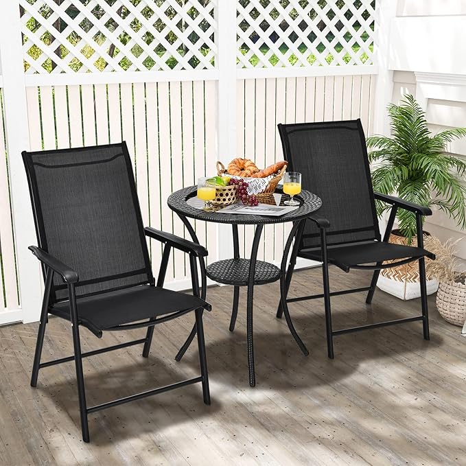 Tangkula Set of 4 Patio Folding Chairs, Outdoor Fabric Dining Chairs with High Back & Armrests, Sturdy Metal Frame for Patio Lawn Garden (Black)
