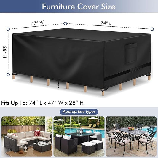 Richwon Patio Furniture Covers - Waterproof Rectangle, Heavy Duty for Outdoor Sectional Set 74"L x 47"W x 28"H, Black