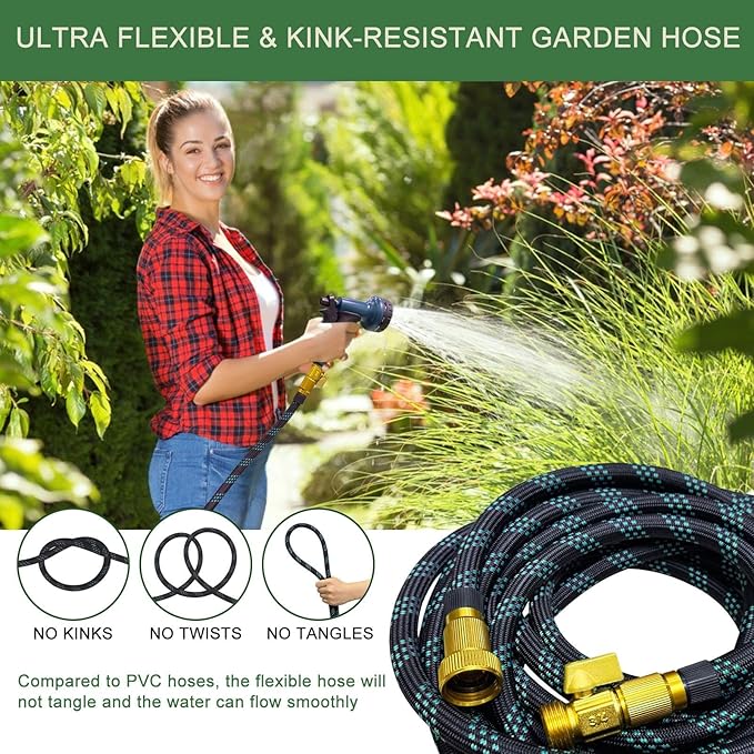 Garden Hose Non-Expandable 100 ft, Lightweight Flexible Water Hose with 10 Function Spray Nozzle, Outdoor Leak Proof, Kink-Free, Portable Hose for Yard, Lawn, Camper, High-Density Fabric, Black Blue
