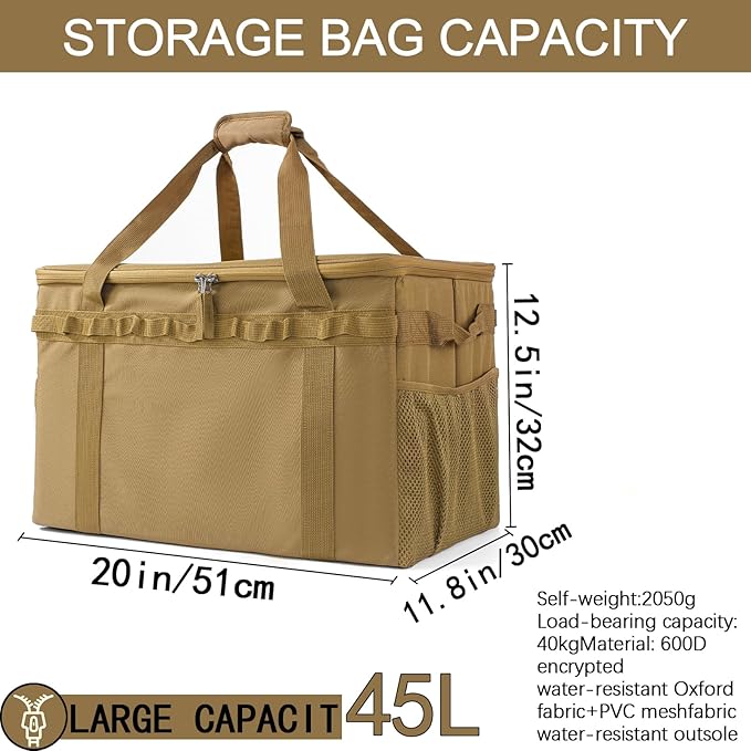 Tactical Camping Storage Bag, Utility Camping Tote Kitchen Organizer Storage Box, Trunk Organizer with Shoulder Strap,Outdoor Garden Tool Bag for Camping, Travel, Picnic (03-khaki)