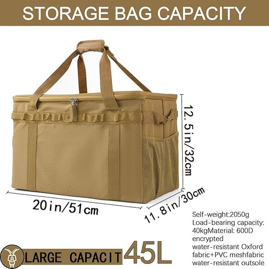 Tactical Camping Storage Bag, Utility Camping Tote Kitchen Organizer Storage Box, Trunk Organizer with Shoulder Strap,Outdoor Garden Tool Bag for Camping, Travel, Picnic (03-khaki)
